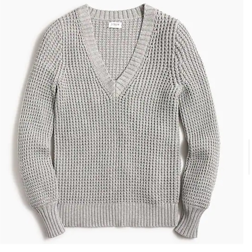 JCrew Gray Loose Knit Cotton Balloon Sleeve V Neck Sweater